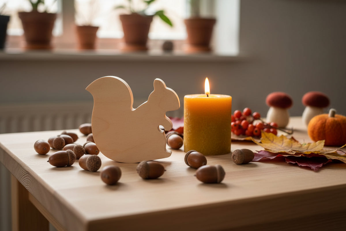wooden squirrel cutout on an Autumn seasonal table