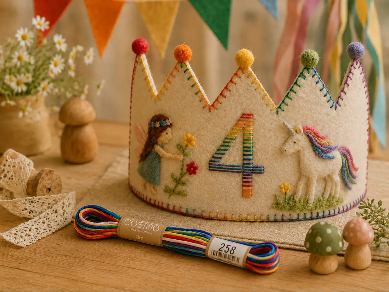 Children's Waldorf birthday crown with number 4, fairy, unicorn, and flowers with rainbow embroidery floss