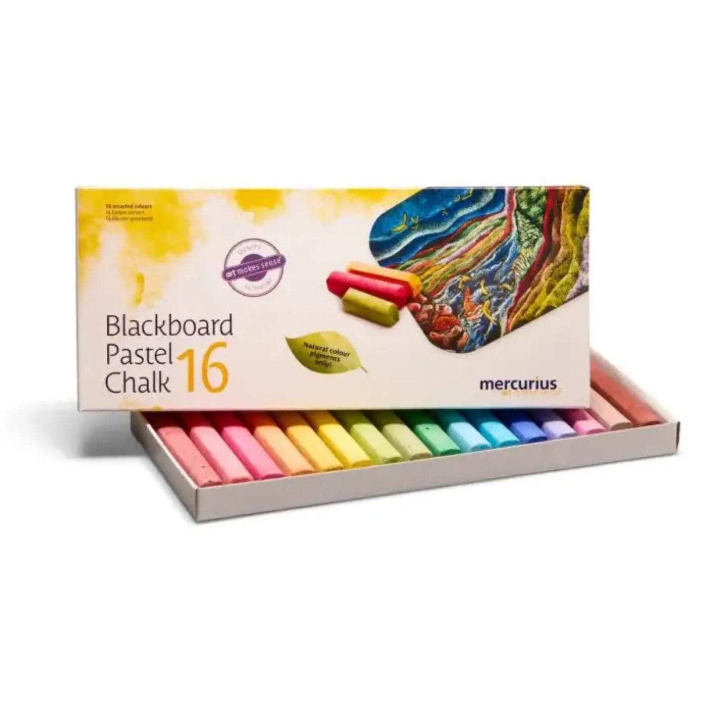 Box of mercurius Blackboard Pastel Chalk with colorful chalks inside on a white background