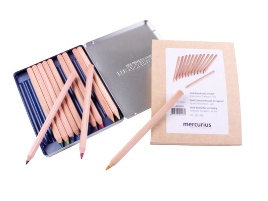 Set of colored pencils in a metal tin and box with 'mercurius' branding on a white background