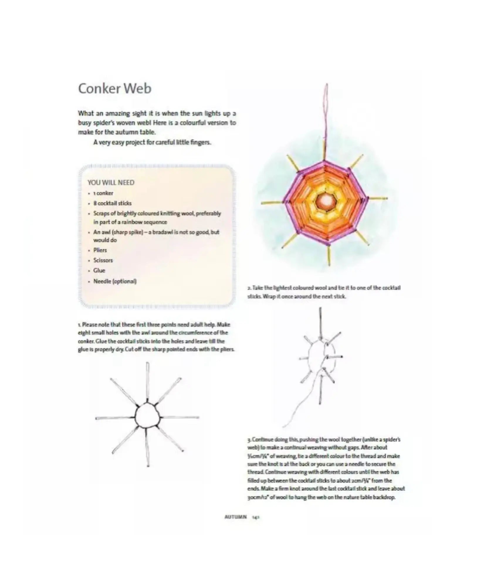 Instructions for making a conker web with diagrams and text on a white background