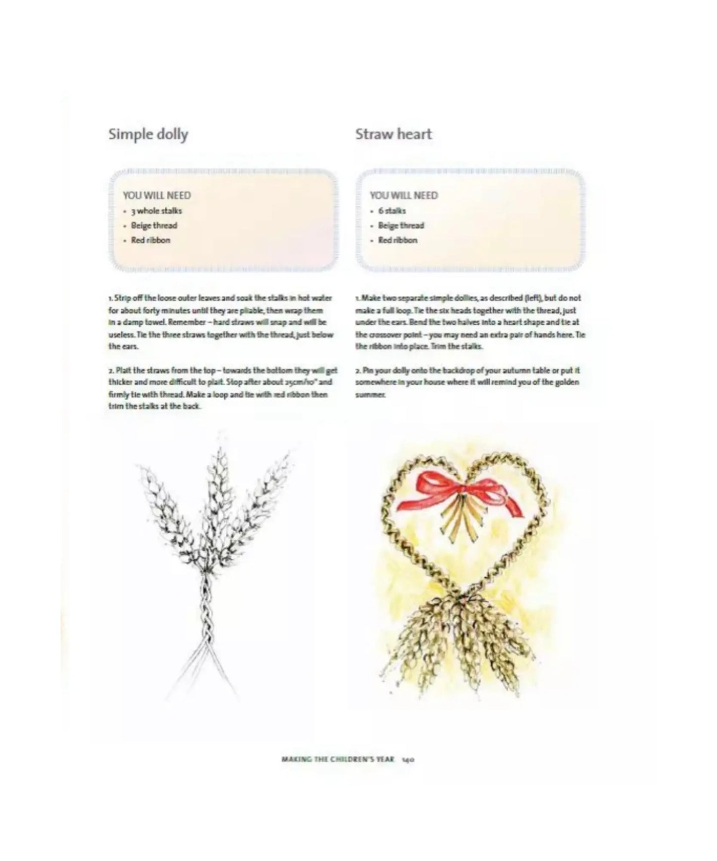 Instructions for making a simple dolly and straw heart with illustrations and text.
