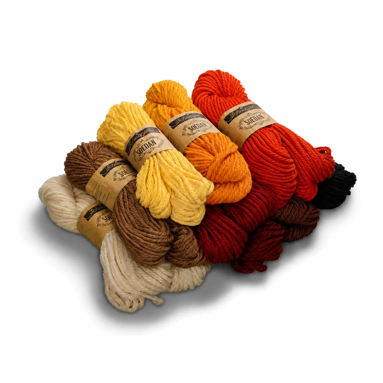 Scheepjes Soedan wool yarn in Waldorf doll hair colors including blonde, strawberry blonde, red, brown, gray, white, and black.