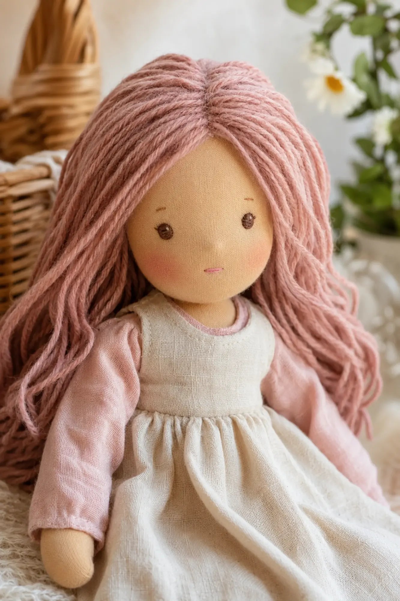 Textile doll with pink hair, pink blushed cheeks, and a light dress in a soft, blurred background