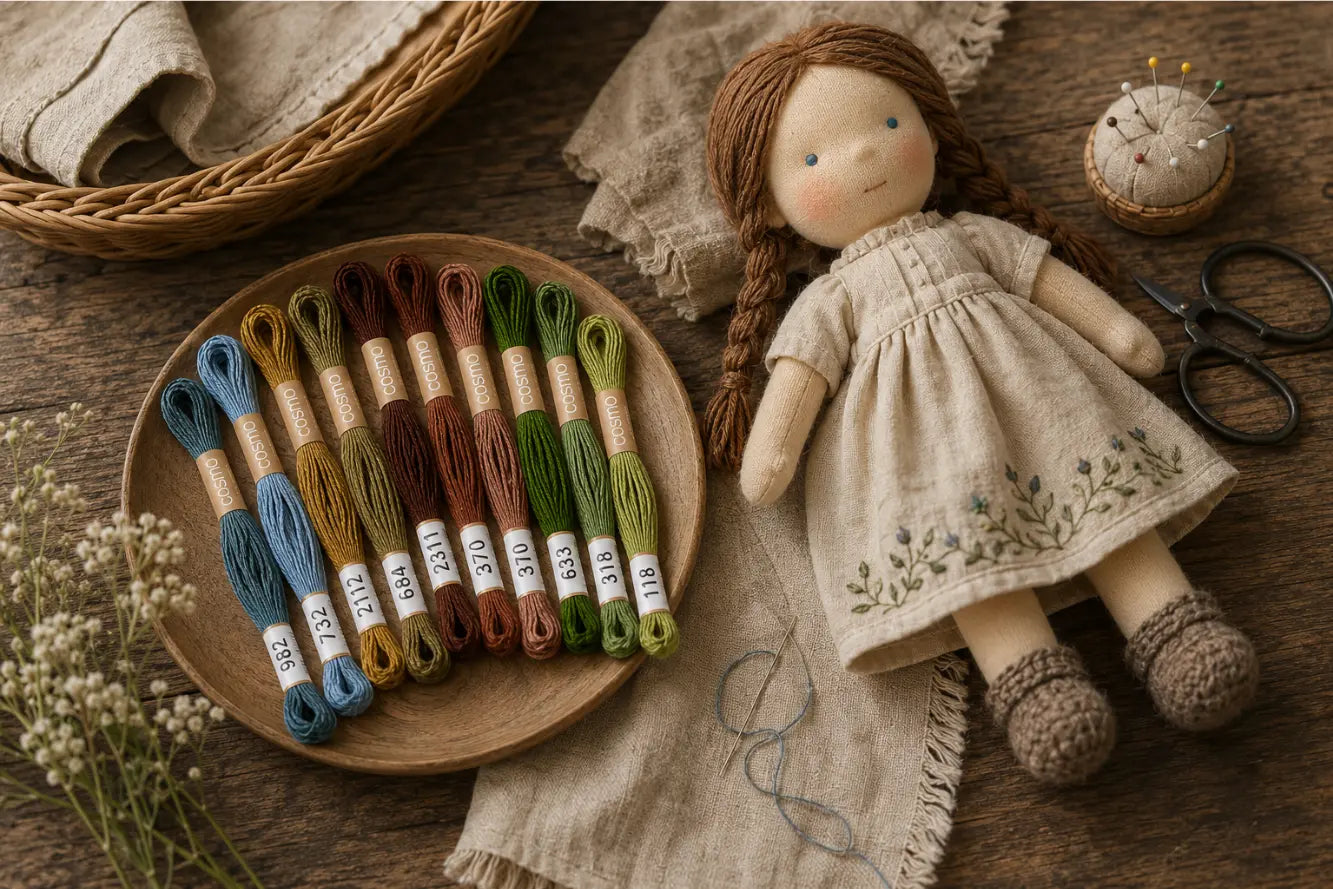 Handmade doll with embroidery thread set on a wooden surface