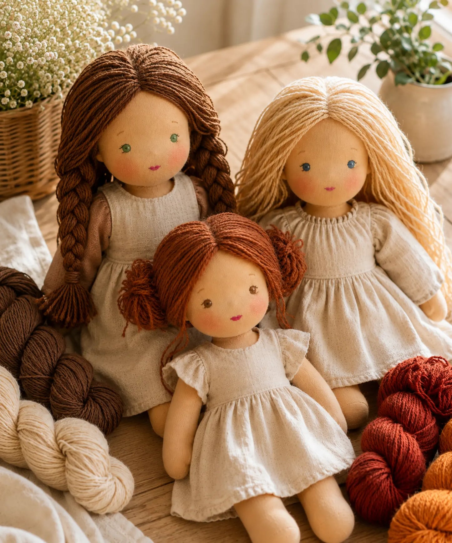 Three dolls with different hairstyles and dresses surrounded by yarn on a wooden surface.