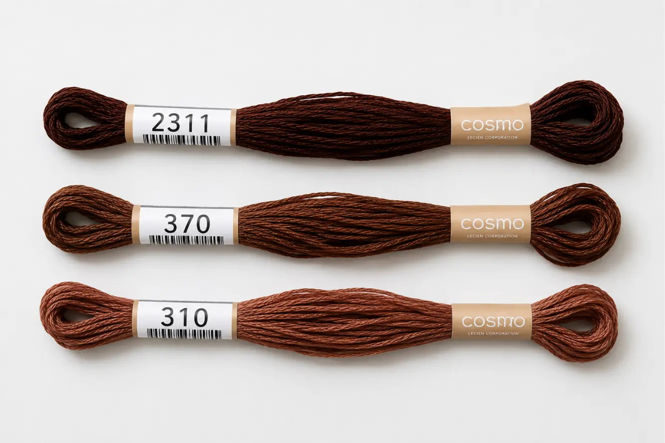 Three skeins of brown embroidery floss with labels on a white background