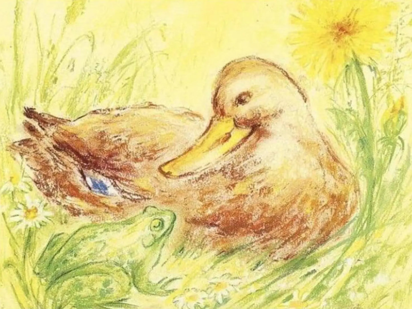 watercolor illustration of duck and frog facing each other in grass wildflowers spring nature postcard