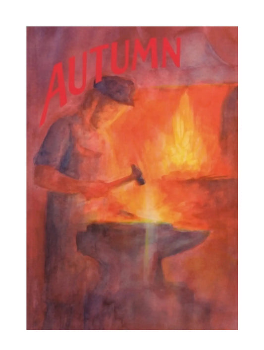 Artistic depiction of a person chopping wood with the word 'AUTUMN' at the top.
