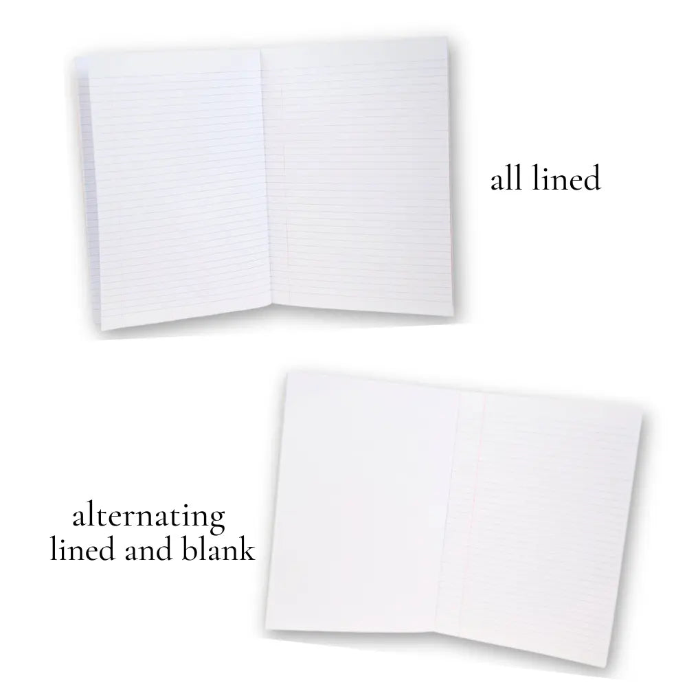 Two white notebooks, one all lined and one alternating lined and blank, on a white background.