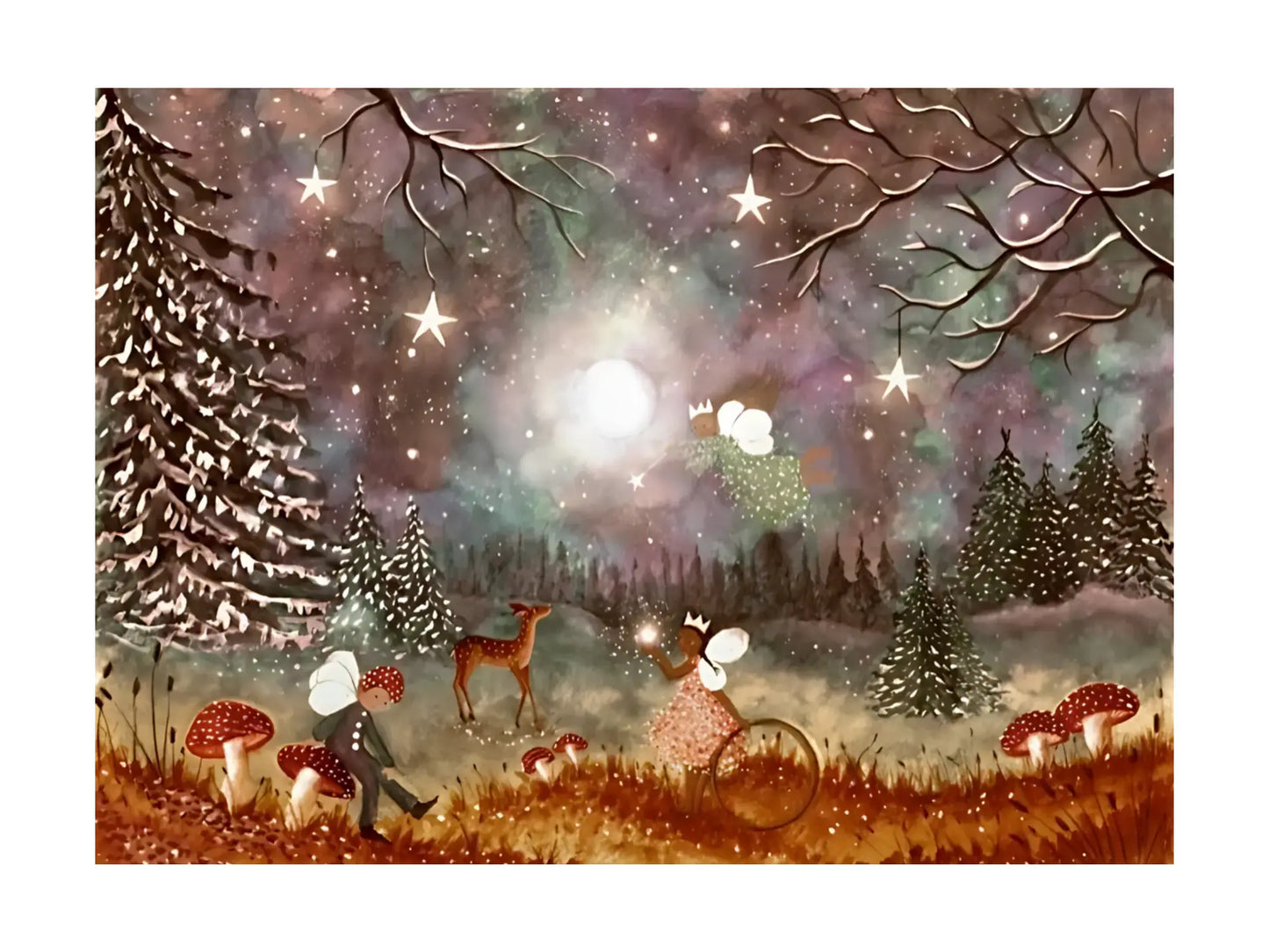 Fantasy forest scene with trees, mushrooms, and a deer under a starry sky.