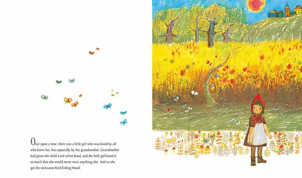 Illustration of a girl in red riding hood standing in a field with butterflies and trees.