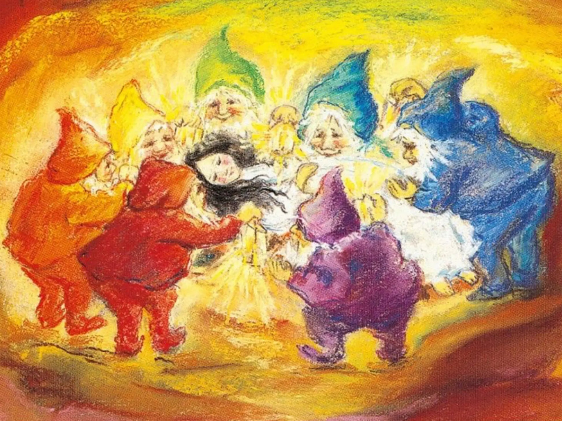Colorful illustration of seven gnomes with Snow White set against a warm yellow background.