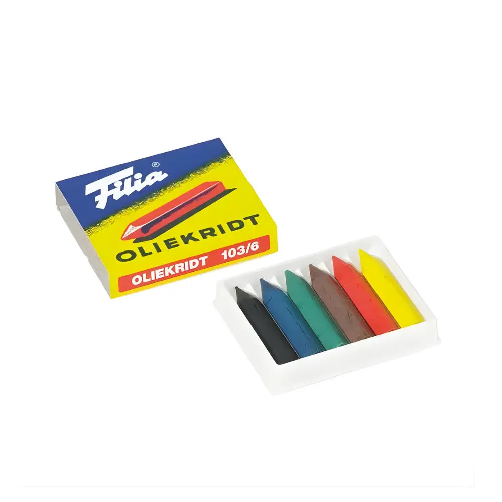 Box of Filia oil crayons with a set of colorful pastels on a white background