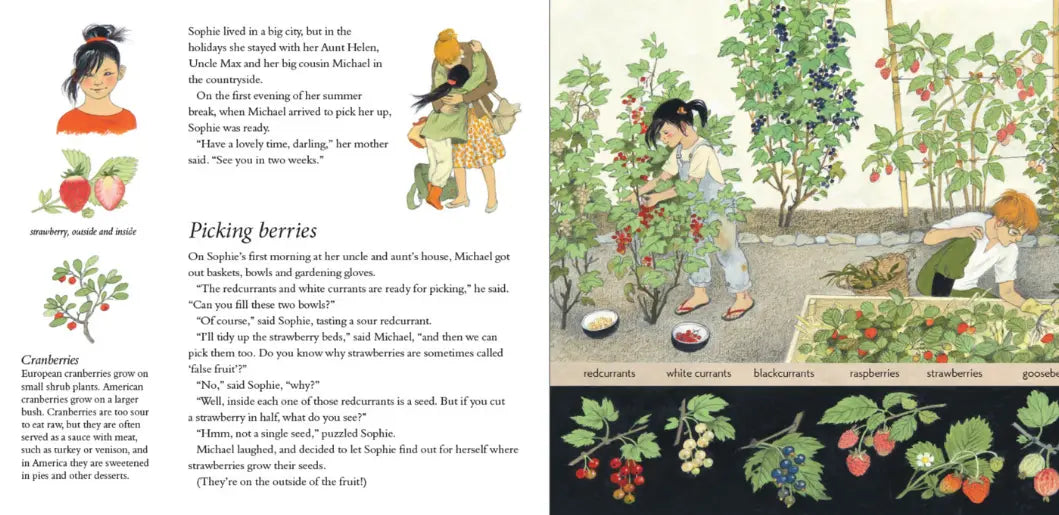 Illustrated book page with children picking berries in a garden