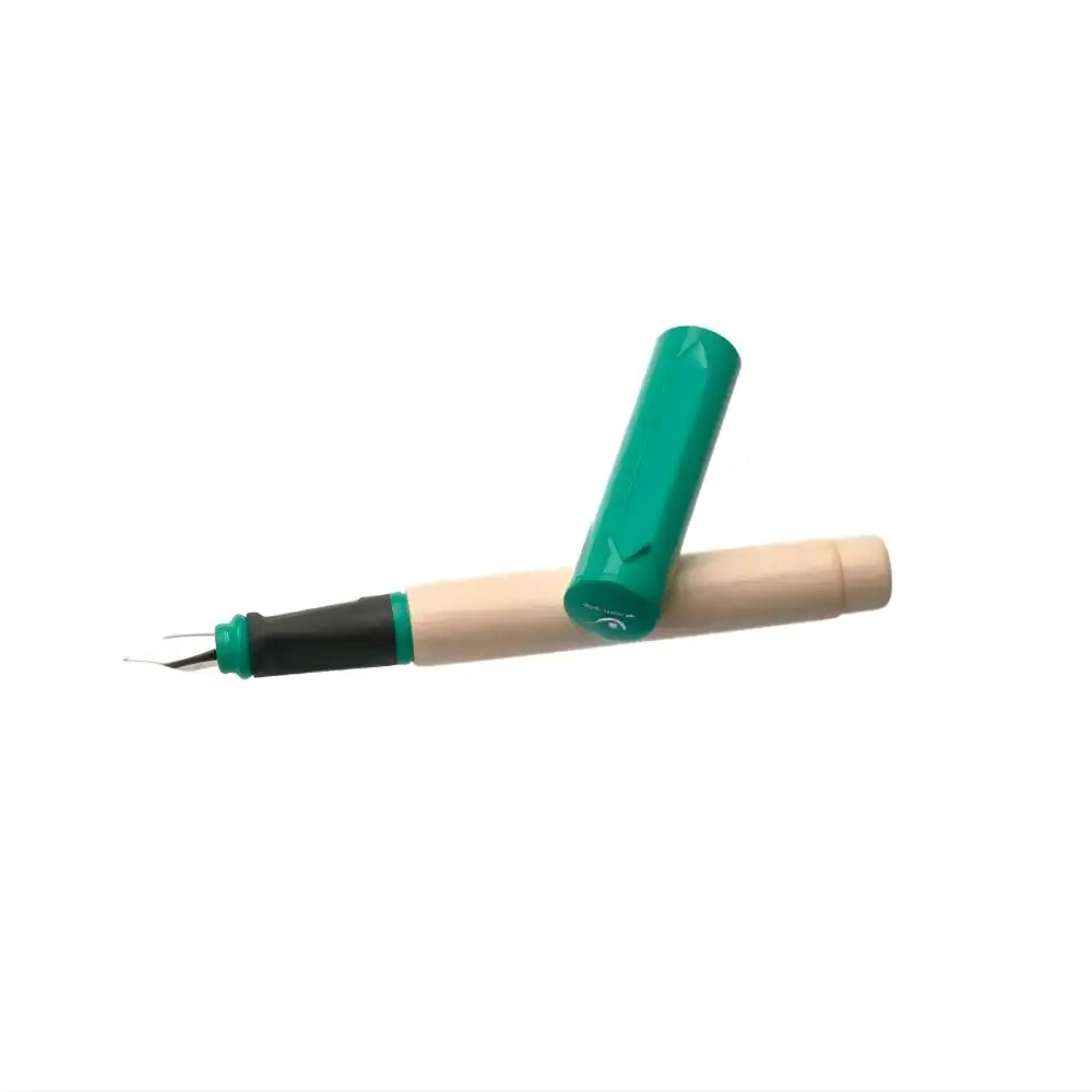Fountain pen with green cap and nib design on a white background