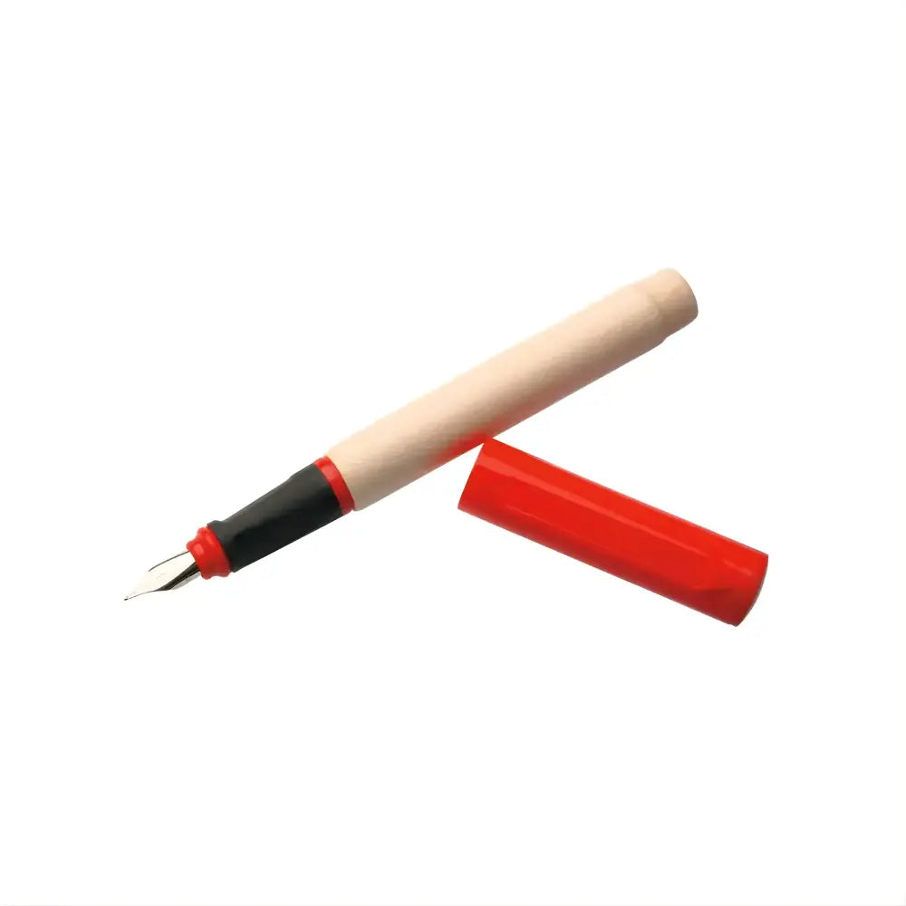 Fountain pen with wooden barrel and red accents on a white background