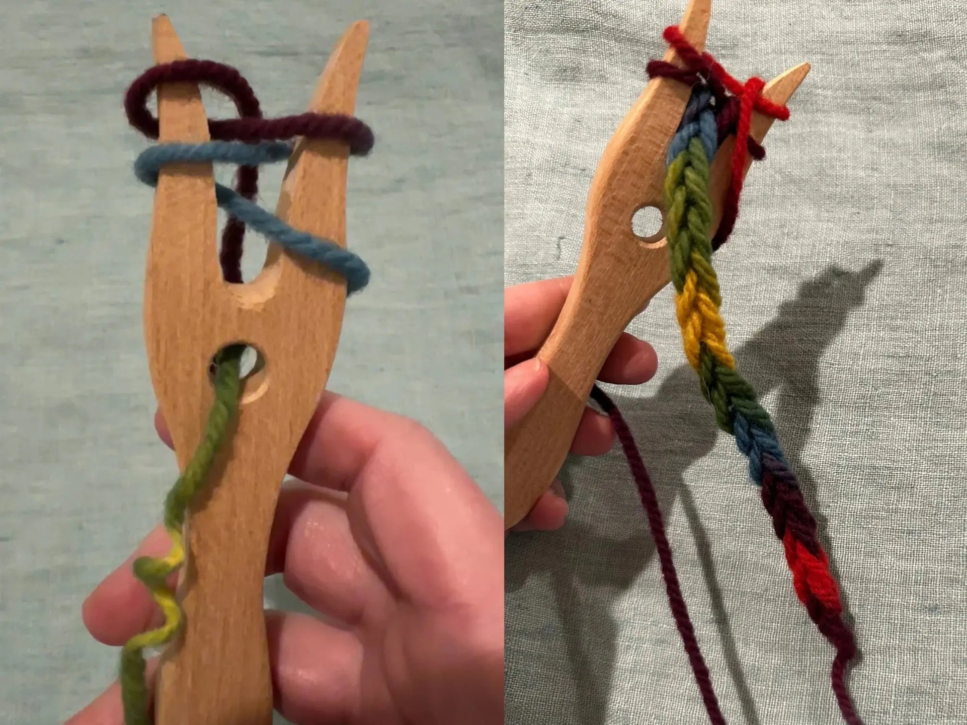 person's hand showing how to use a wooden lucet to create a braided cord