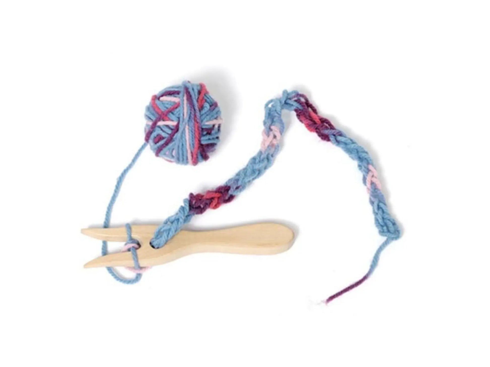 a wooden lucet for children and beginners in natural wood with ball of wool yarn in blue pink, purple, and red
