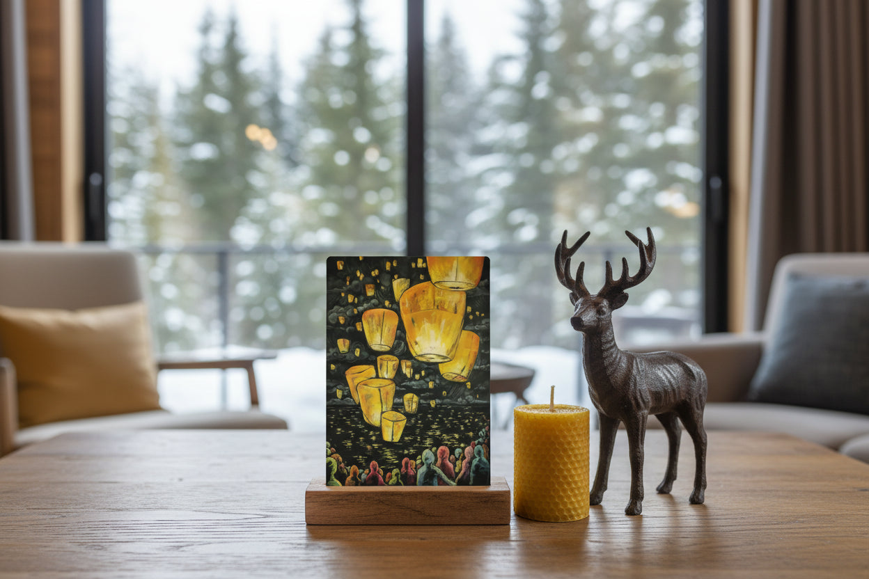 postcard of floating lanterns in a living room on a table top with a beeswax candle and cast iron deer