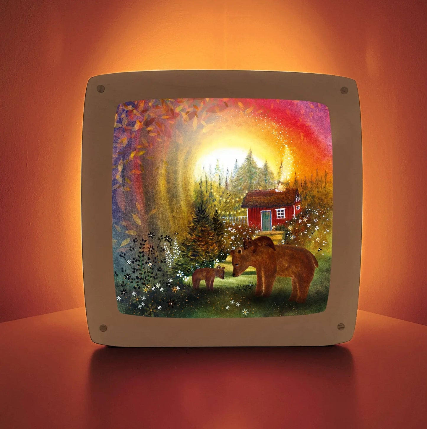 Toverlux Lamp Plate by Dutch artist of glowing Sunset, Bear with cubs, forest trees and a home in the background