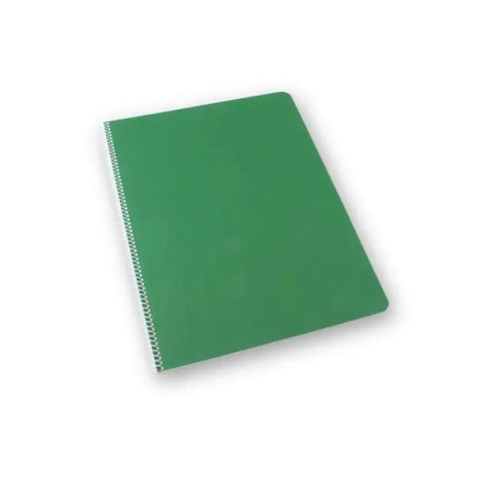 Green spiral-bound waldorf literacy main lesson book on a white background