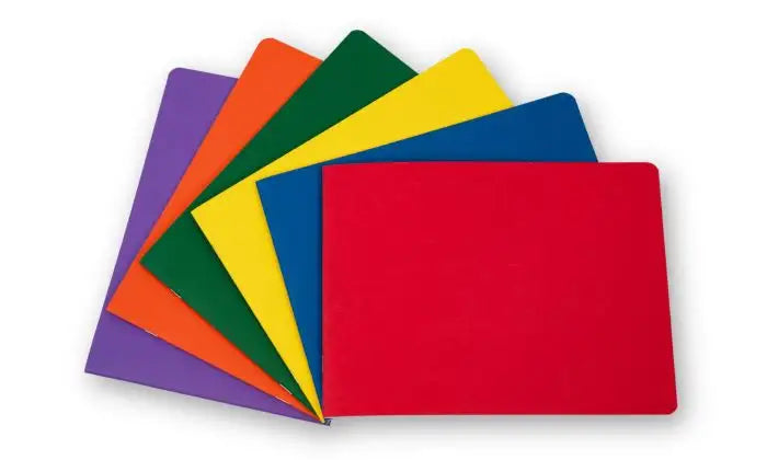 Set of colorful Waldorf Main Lesson Books in Landscape style stacked on a white background