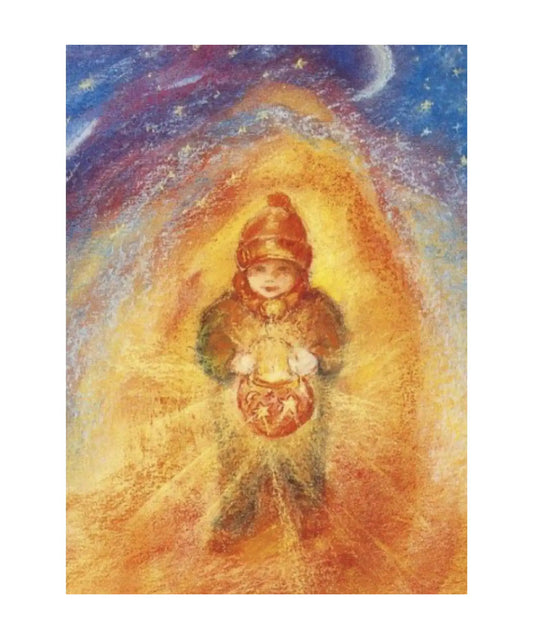 Child holding a Martinmas lantern with stars under a starry night sky