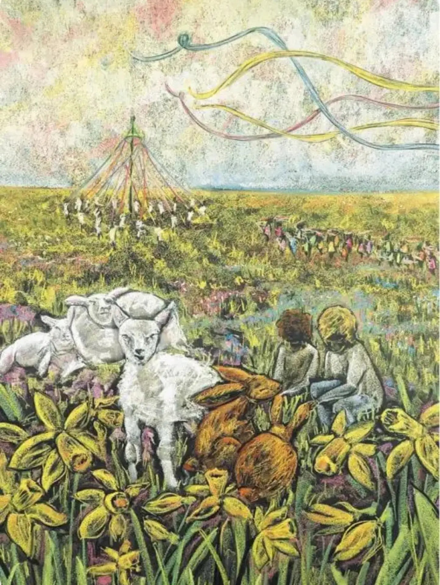 Illustration of children and animals in a field with colorful ribbons in the sky