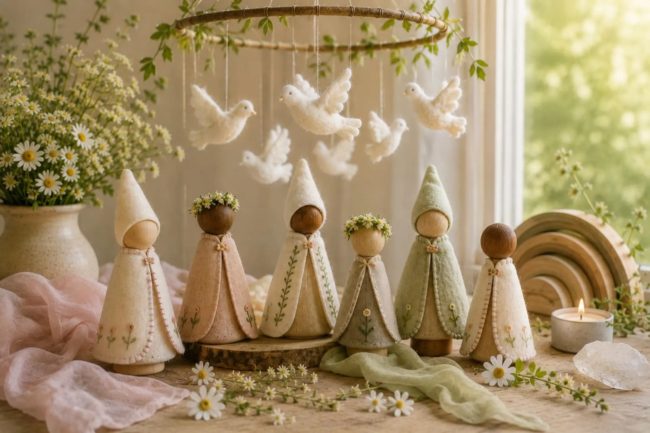 Wooden Waldorf peg dolls with colorful hats and dresses on a table with flowers and a window in the background