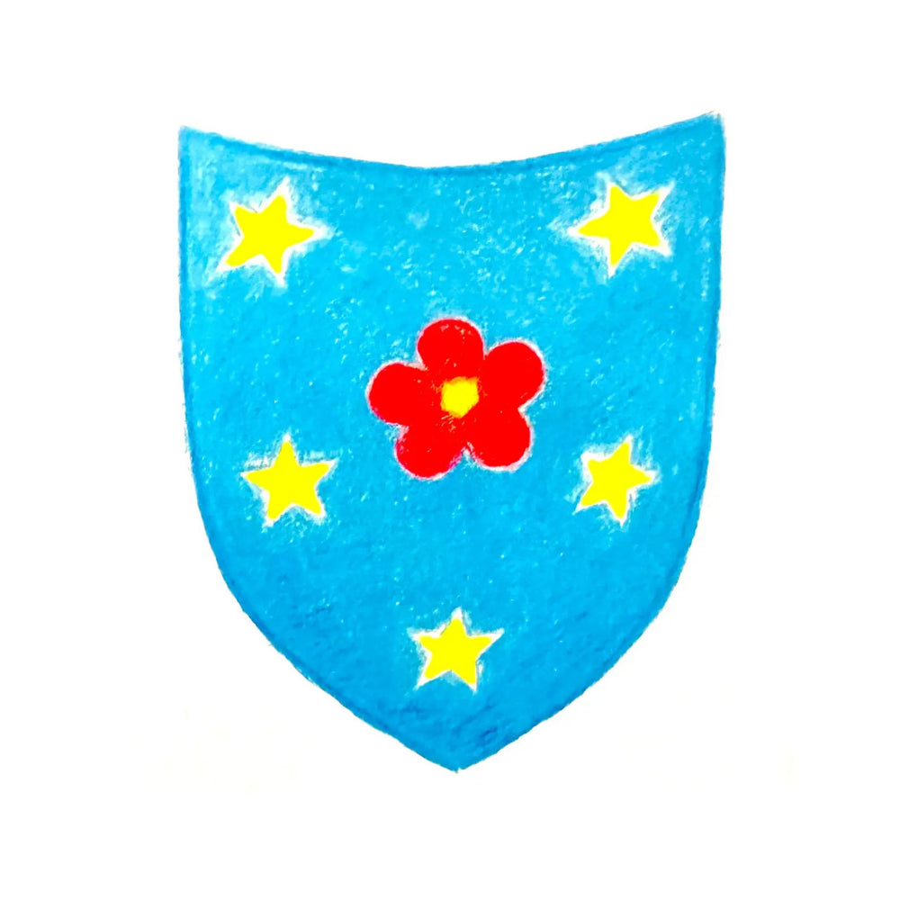 Shield-shaped emblem with a red flower and yellow stars on a blue background