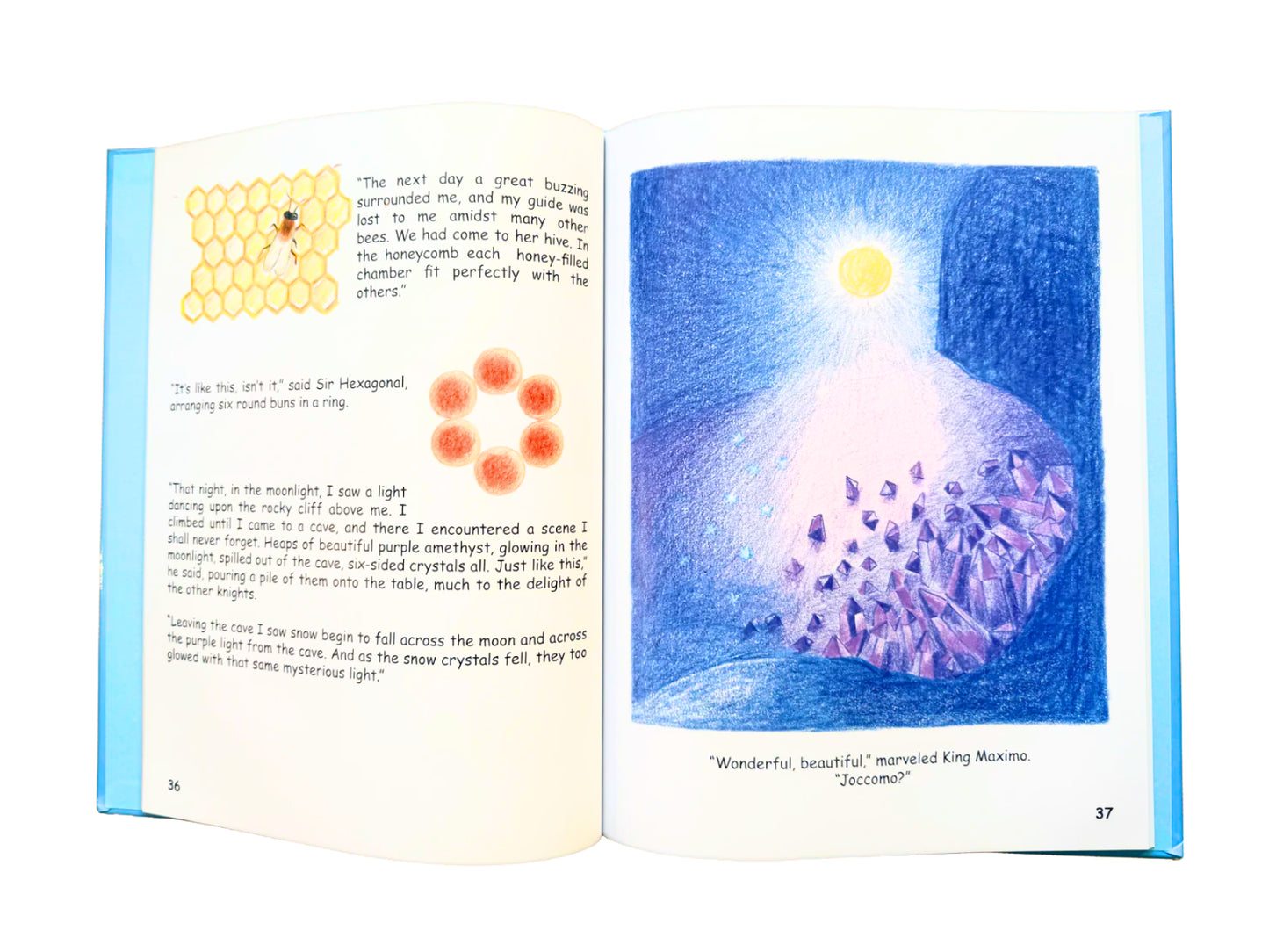 Open book with illustrations and text on a white background