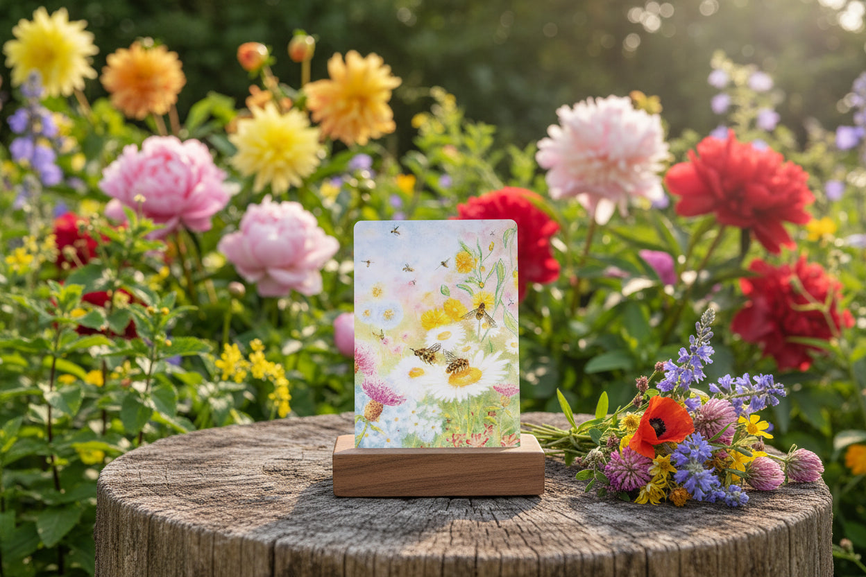 Floral postcard with bees on a colorful background on a tree stump with a spring garden behind it