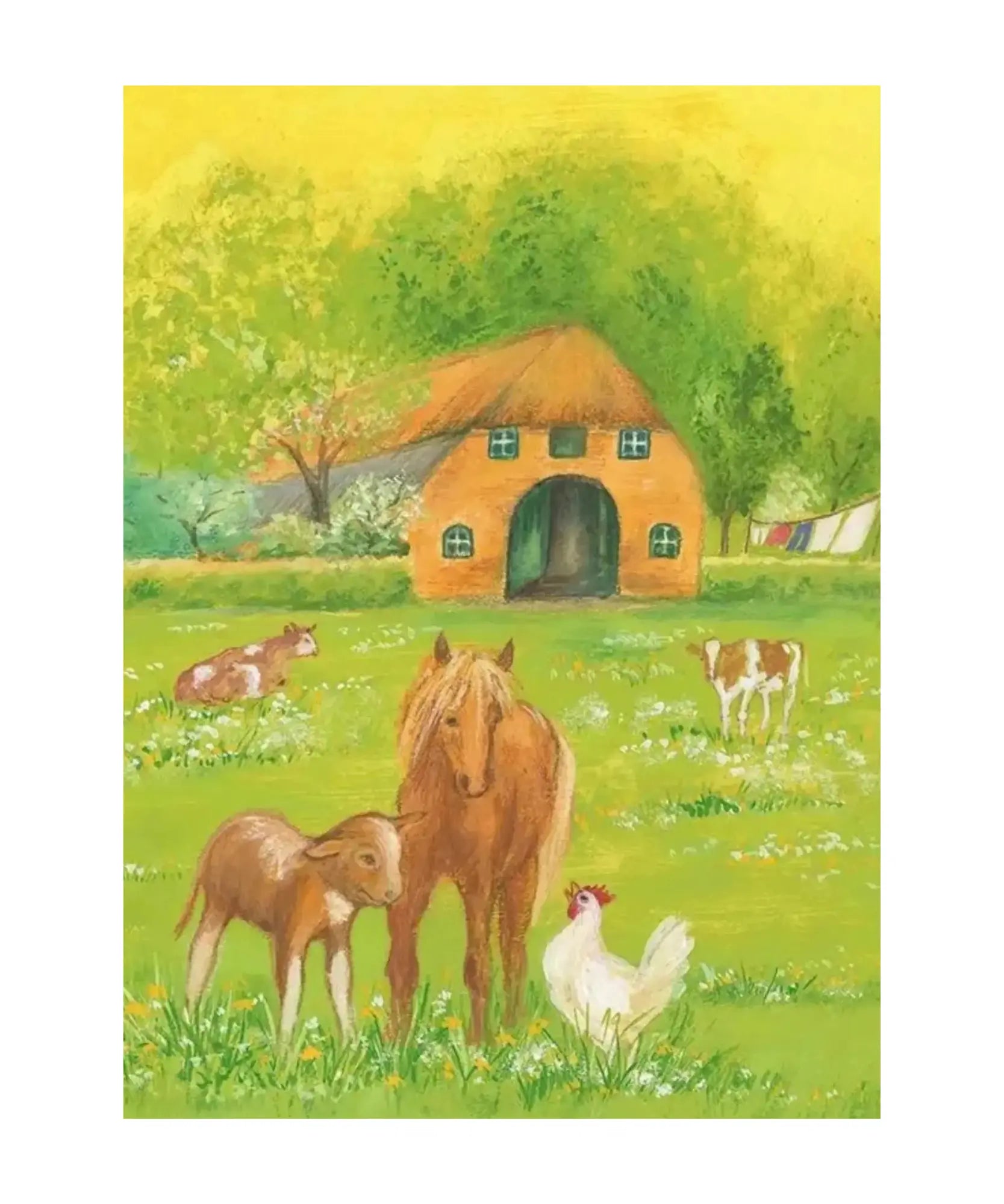 Illustration of a farm scene with animals and a house.