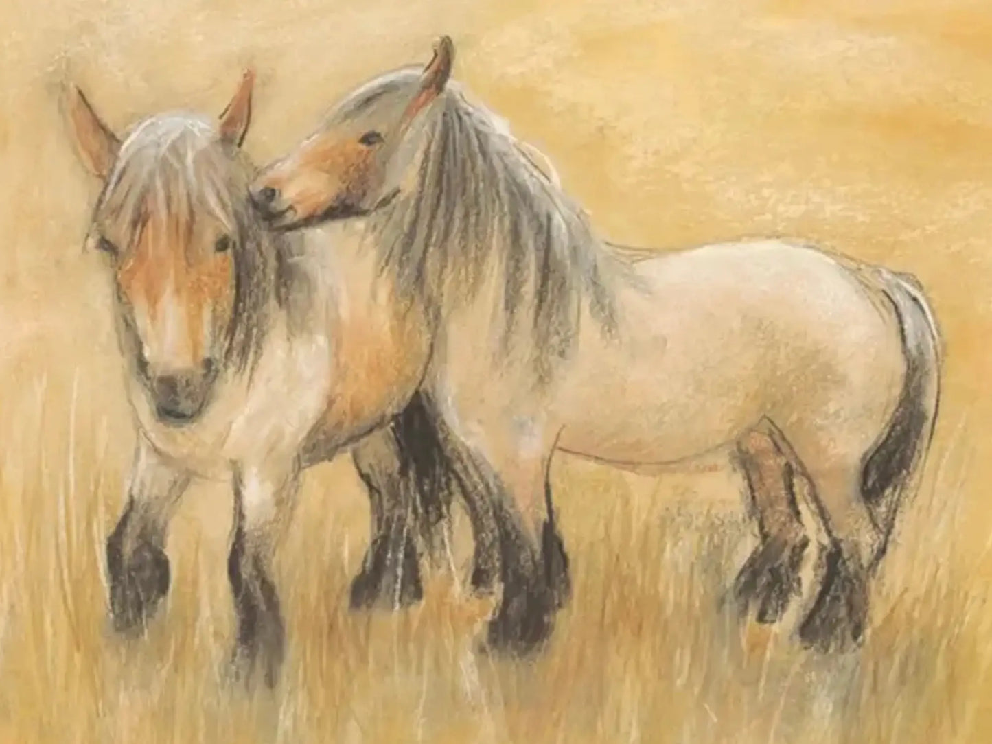 Two Belgian draft horses standing close together on a yellow background