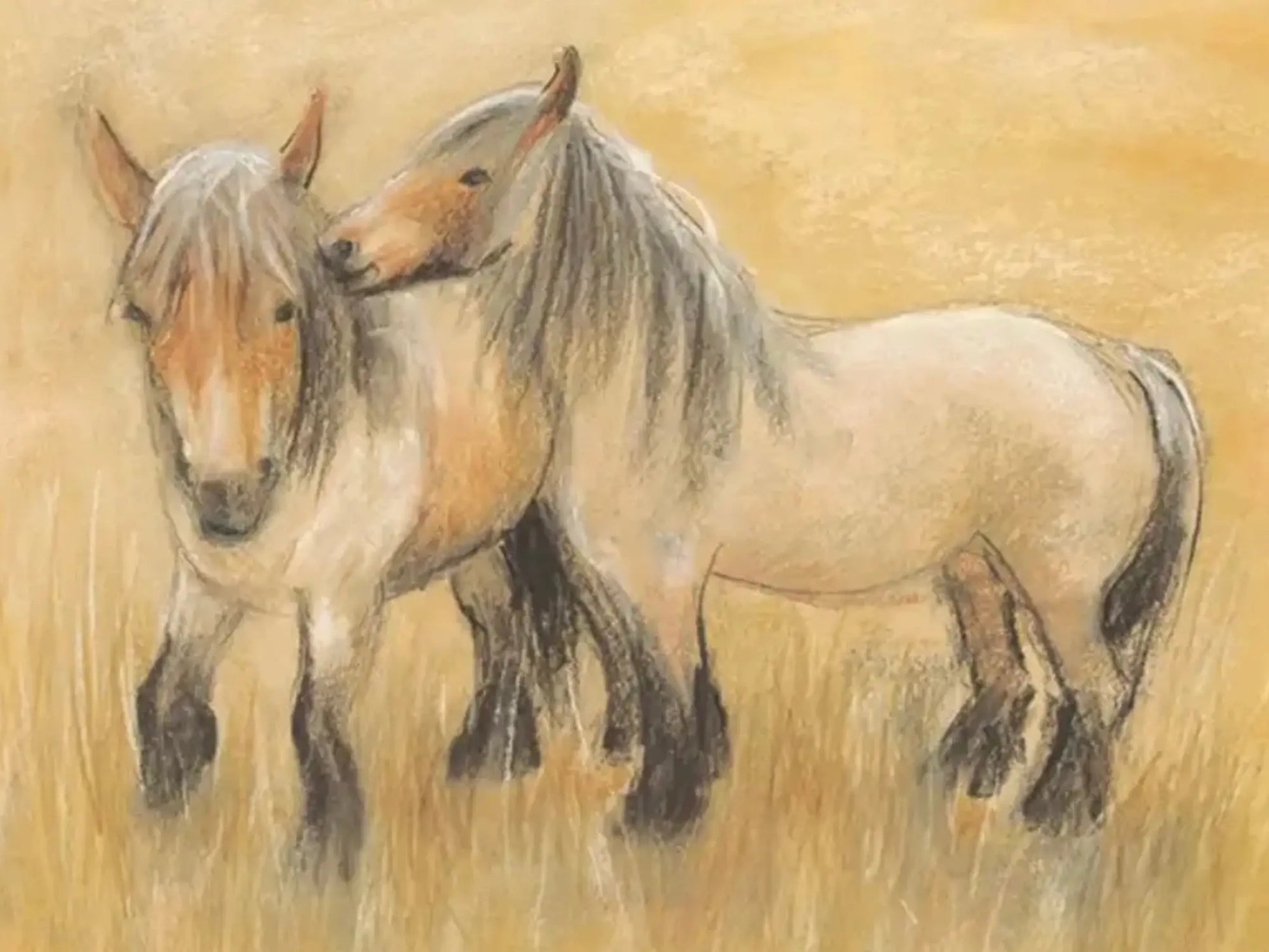 Two Belgian draft horses standing close together on a yellow background