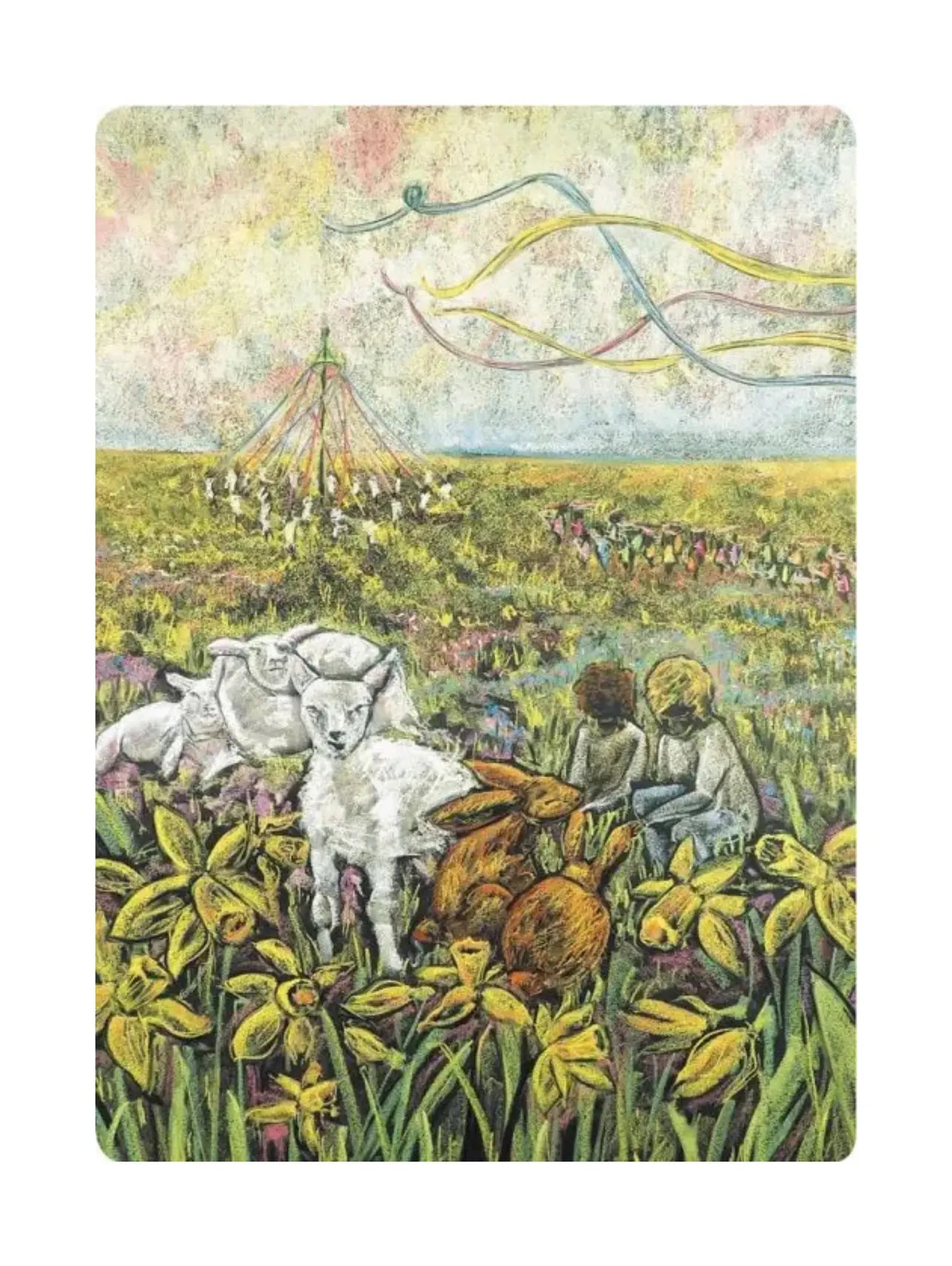 Illustration of children and animals in a field with colorful ribbons in the sky