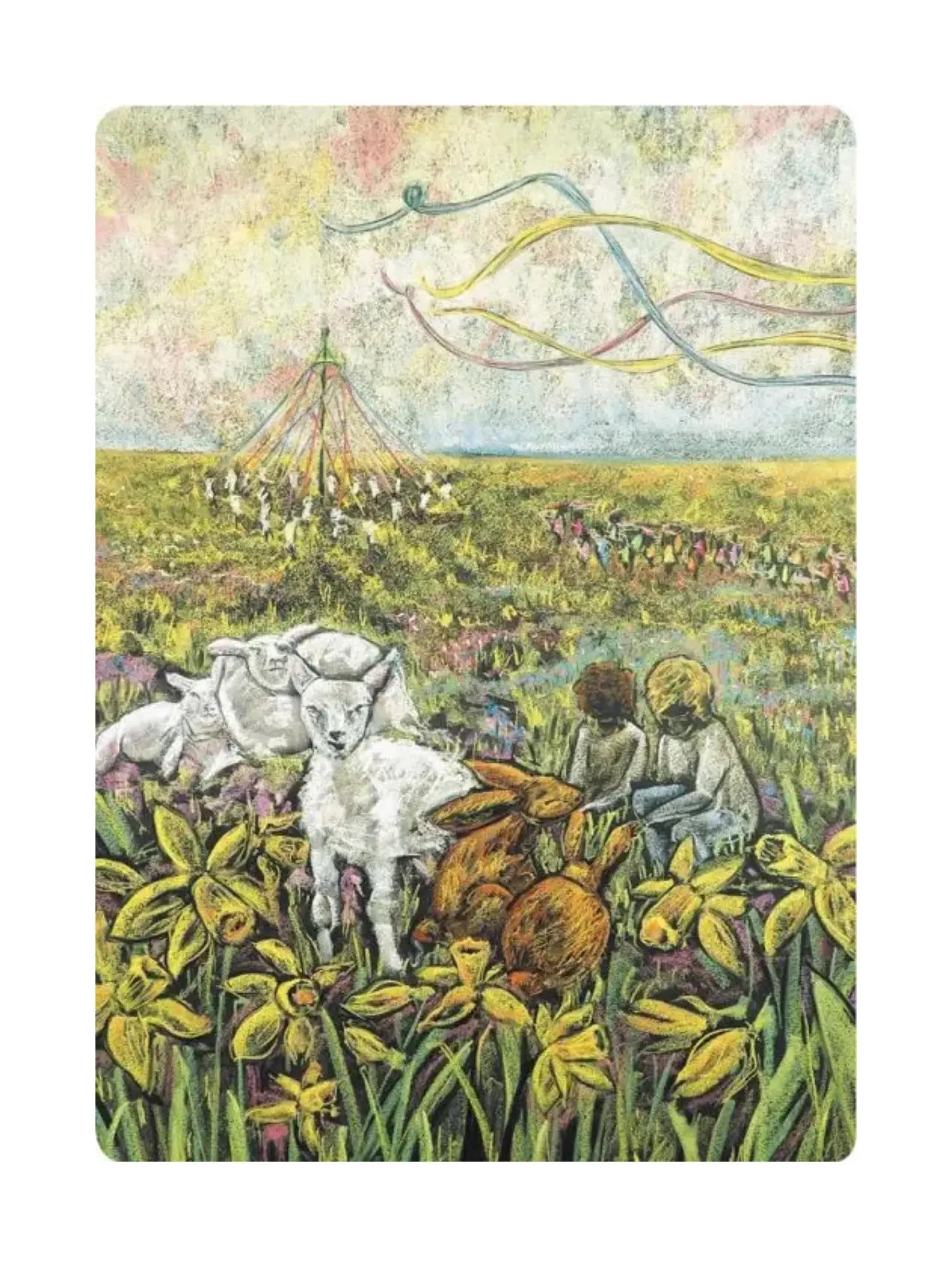Illustration of children and animals in a field with colorful ribbons in the sky