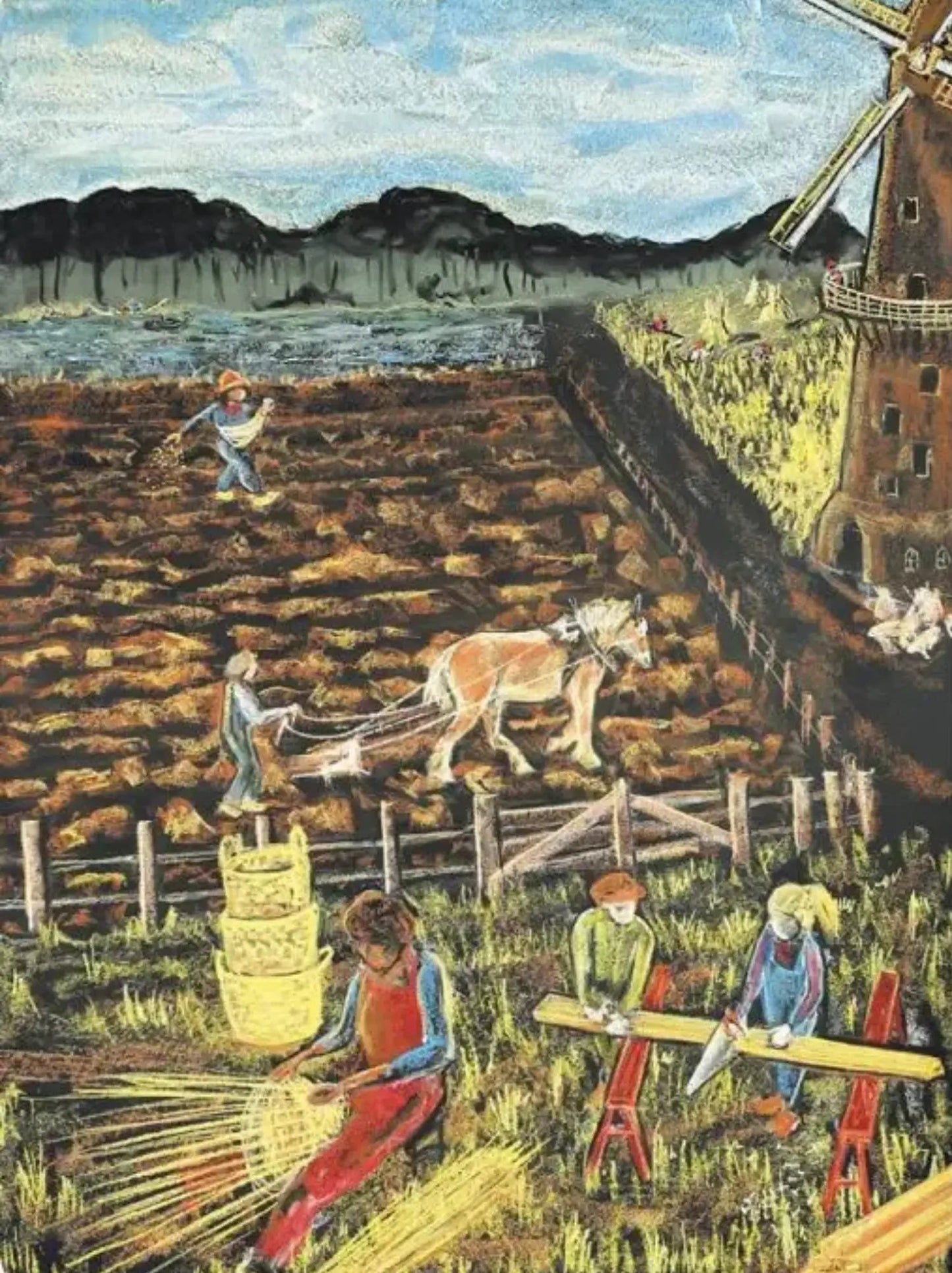 Painting of people working in a field with a windmill in the background