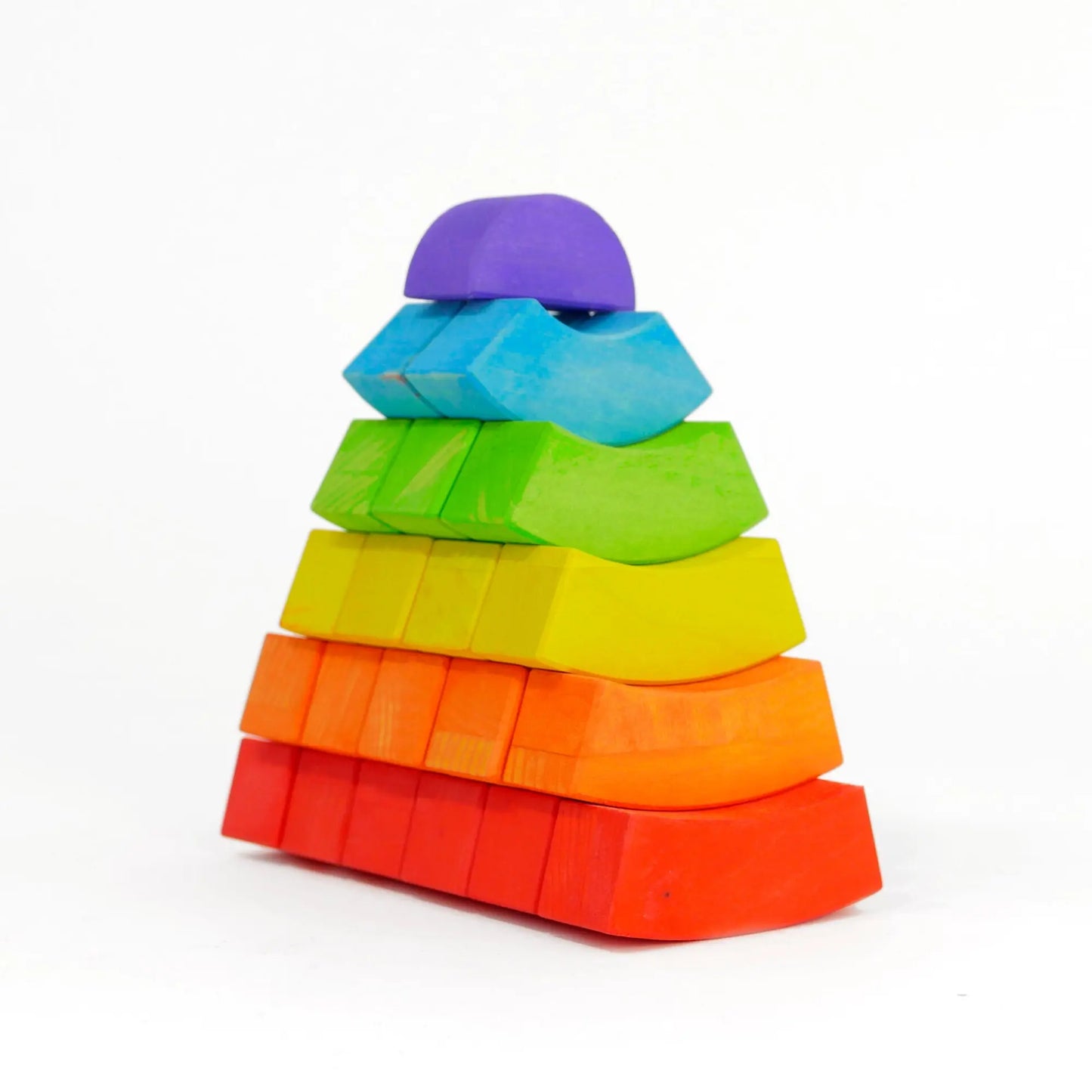 Colorful pyramid-shaped toy with stacked geometric shapes on a white background