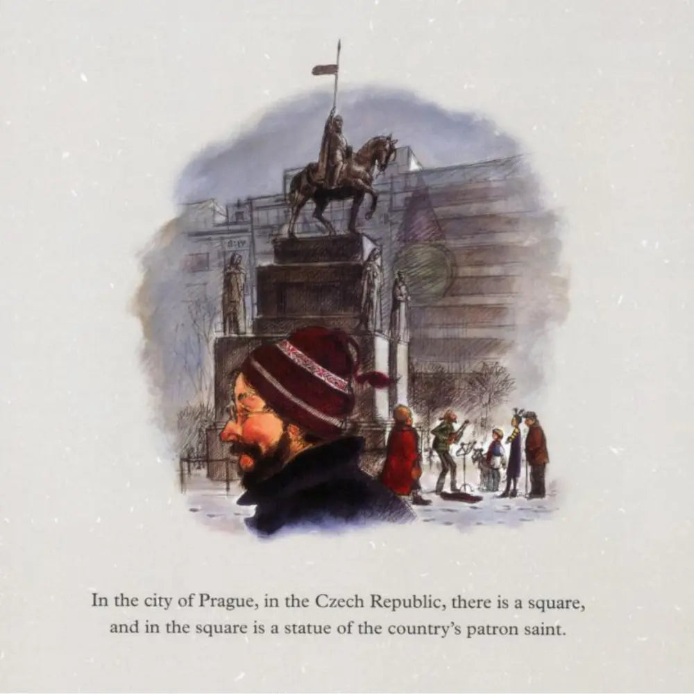 Illustration of a man wearing a red hat with a white cross, standing in front of a statue in Prague, Czech Republic.