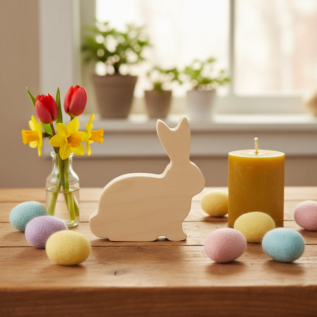 wooden cutout rabbit on a seasonal table with wool eggs, a beeswax candle and spring flowers