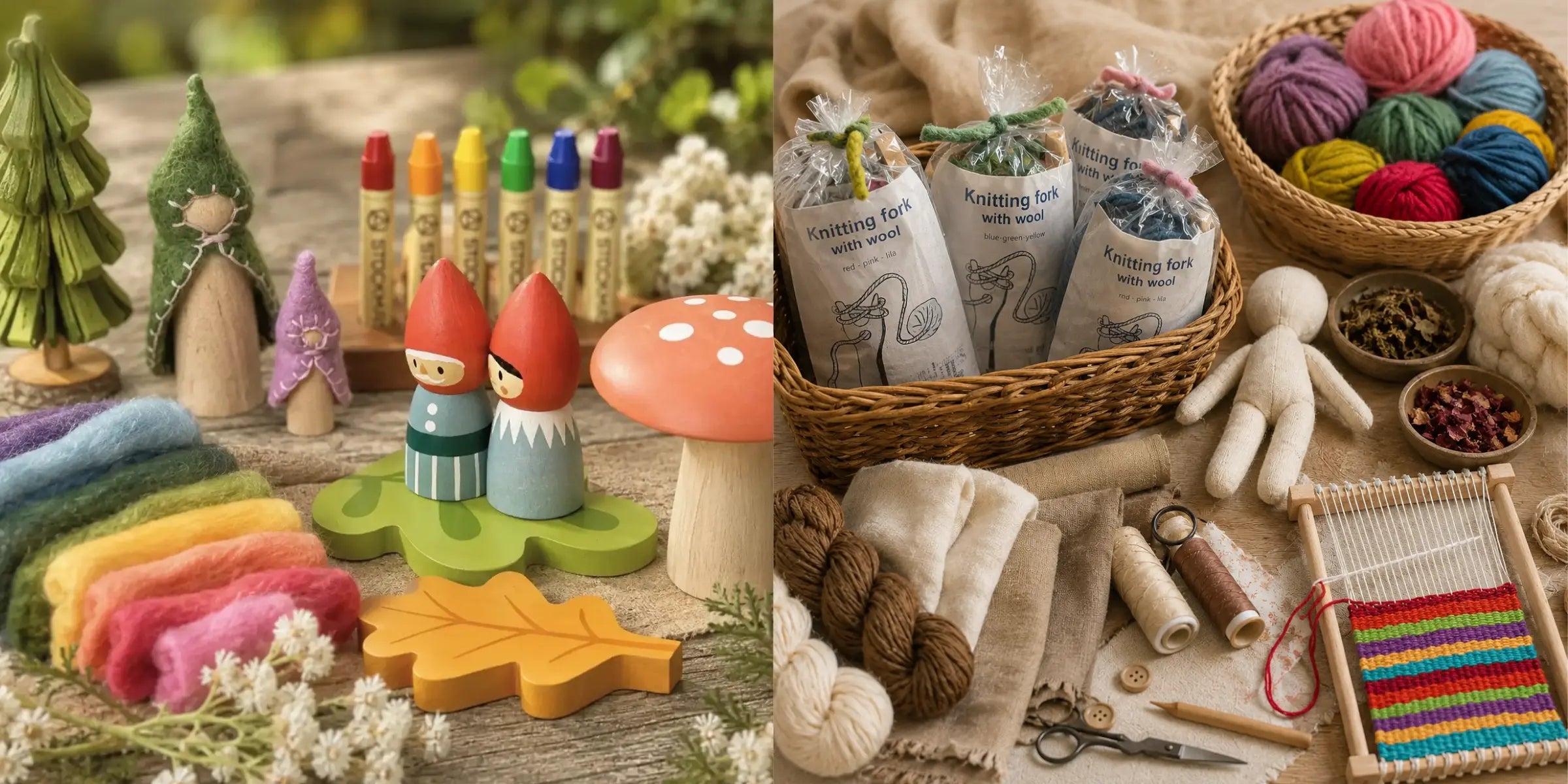A split-screen collage showcasing handmade craft supplies. The left side features colorful wool felt strips, wooden gnome figures, a mushroom toy, crayons, and small wooden trees.