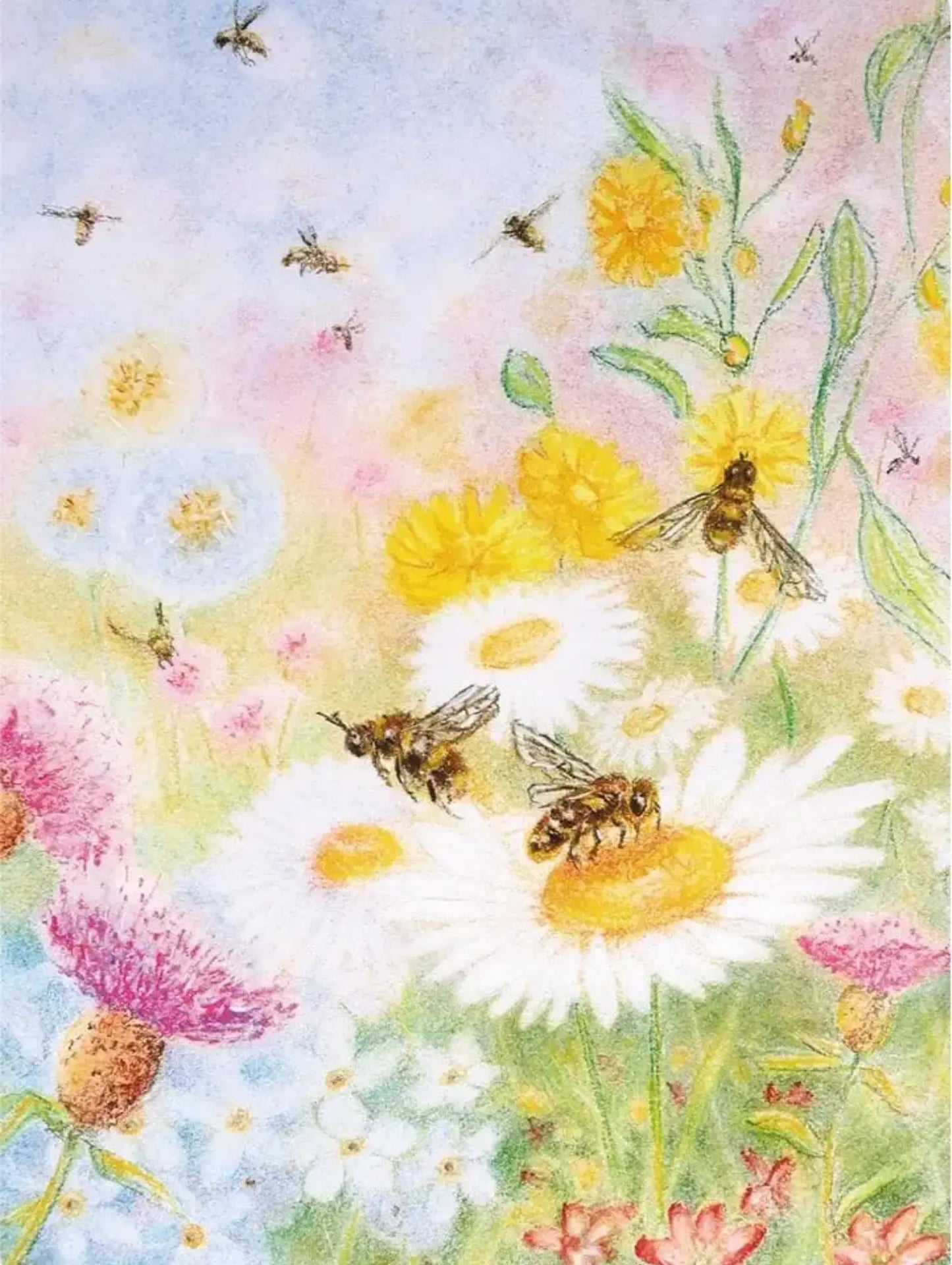 Illustration of bees on colorful flowers with a soft, watercolor background