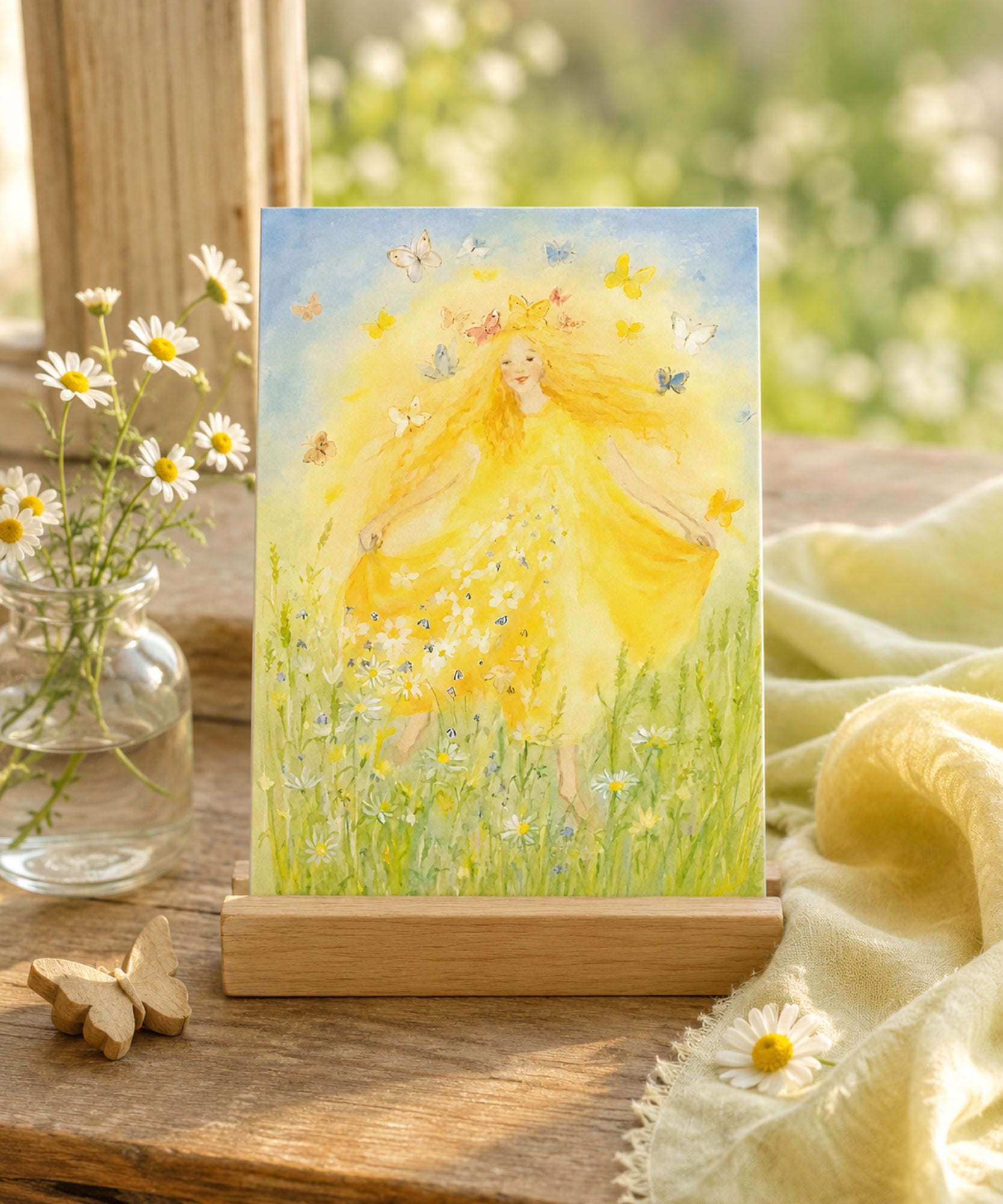Waldorf postcard in a wooden stand with flowers and butterflies in the background