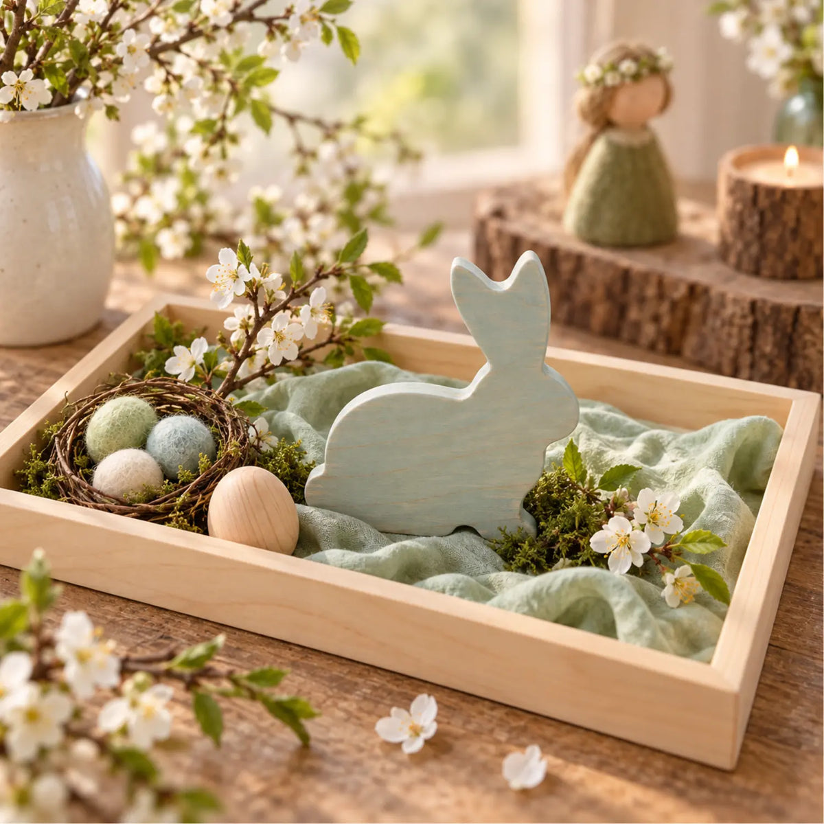 Waldorf-inspired spring seasonal table tray with duck egg blue stained wooden rabbit, blossoms, nest, wool eggs, moss, and natural textures