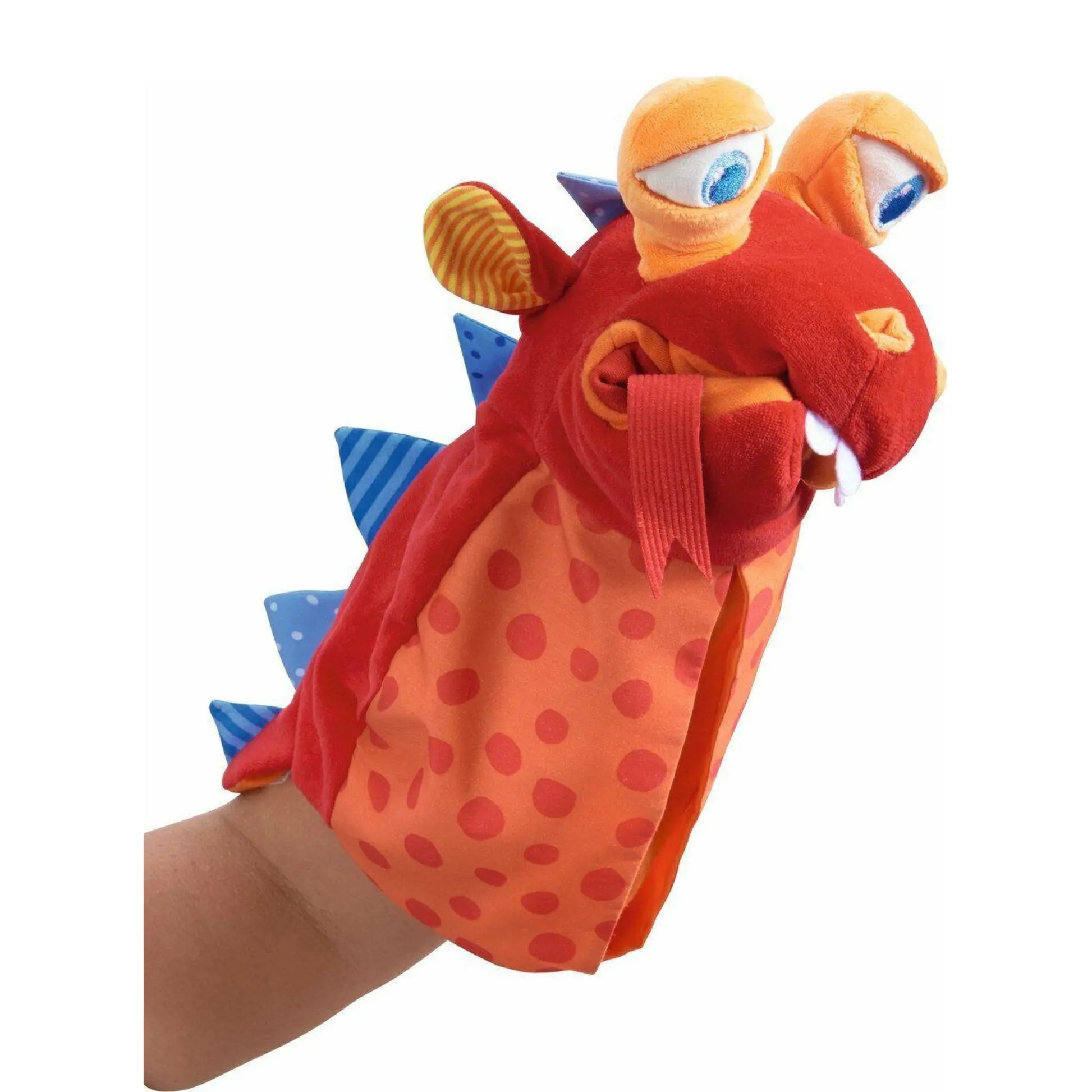 Red and orange dragon-shaped hand puppet on a white background