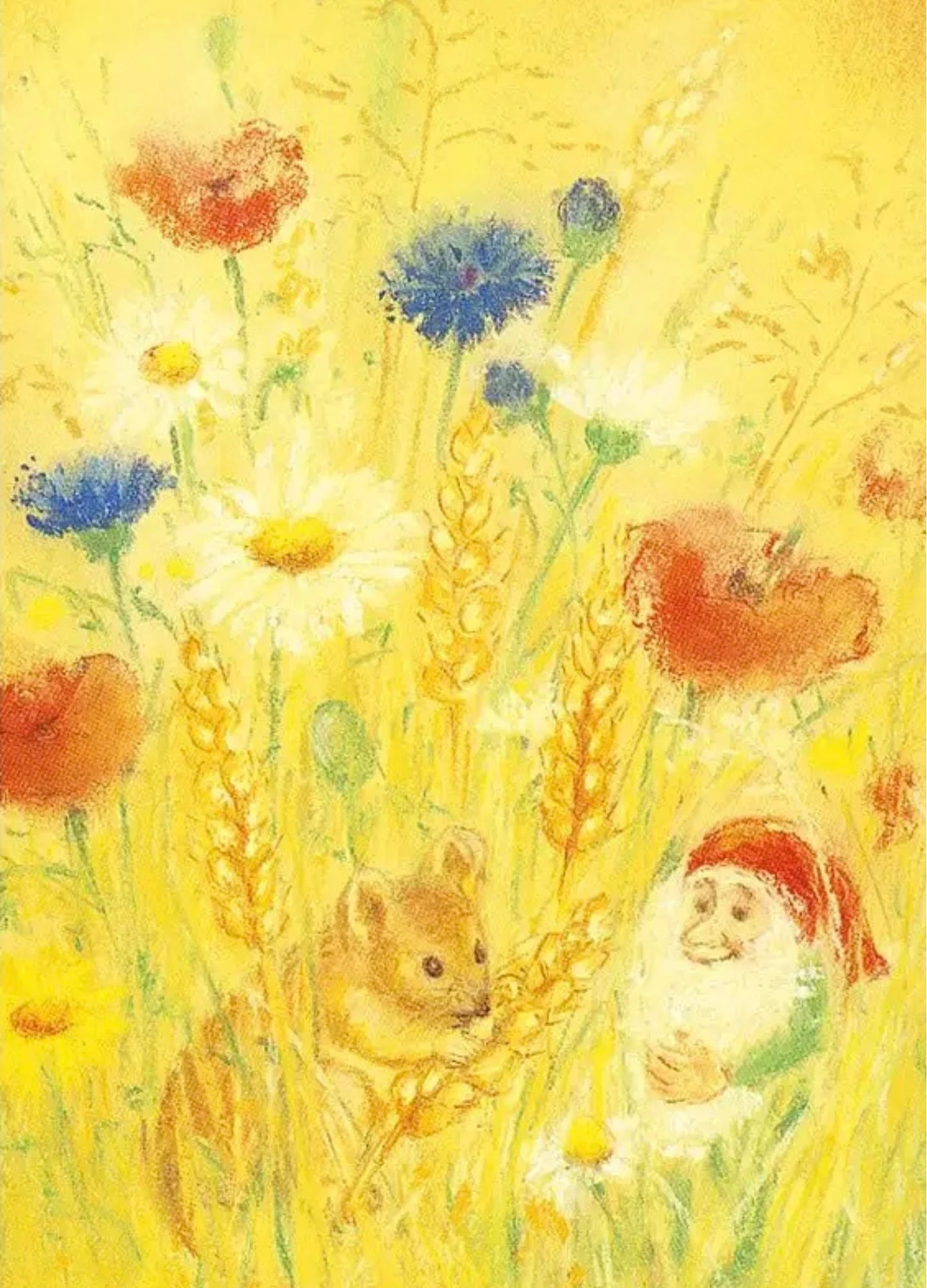 Summer Field postcard by Marjan van Zeyl featuring a tiny mouse, cheerful gnome, golden wheat, and summer wildflowers