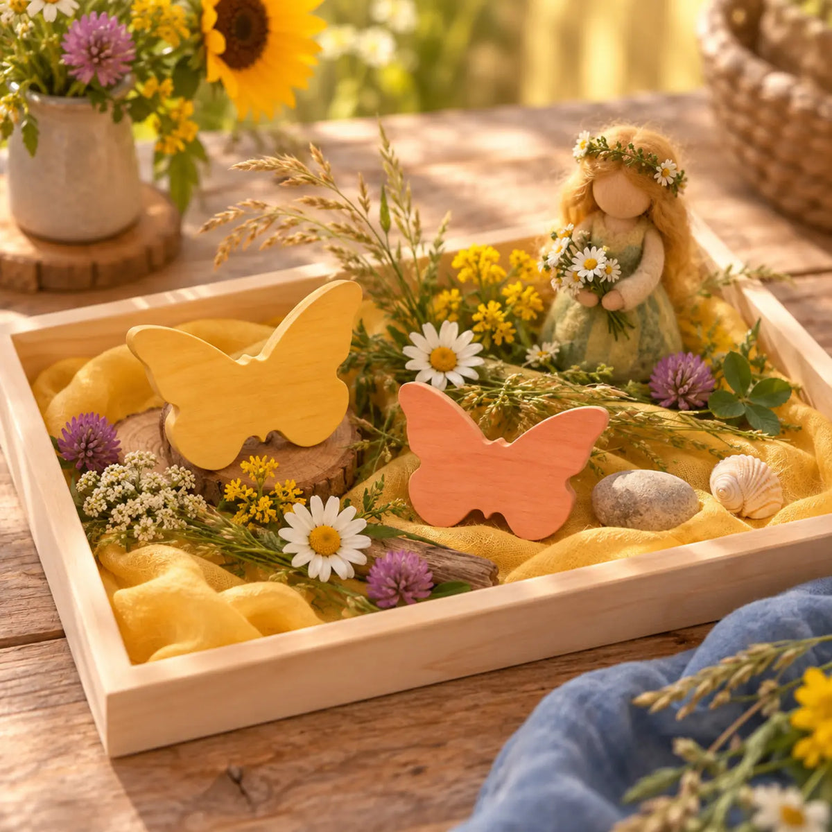 Waldorf-inspired summer seasonal table tray with stained wooden butterflies, wool flower figure, daisies, clover, grasses, and golden fabric