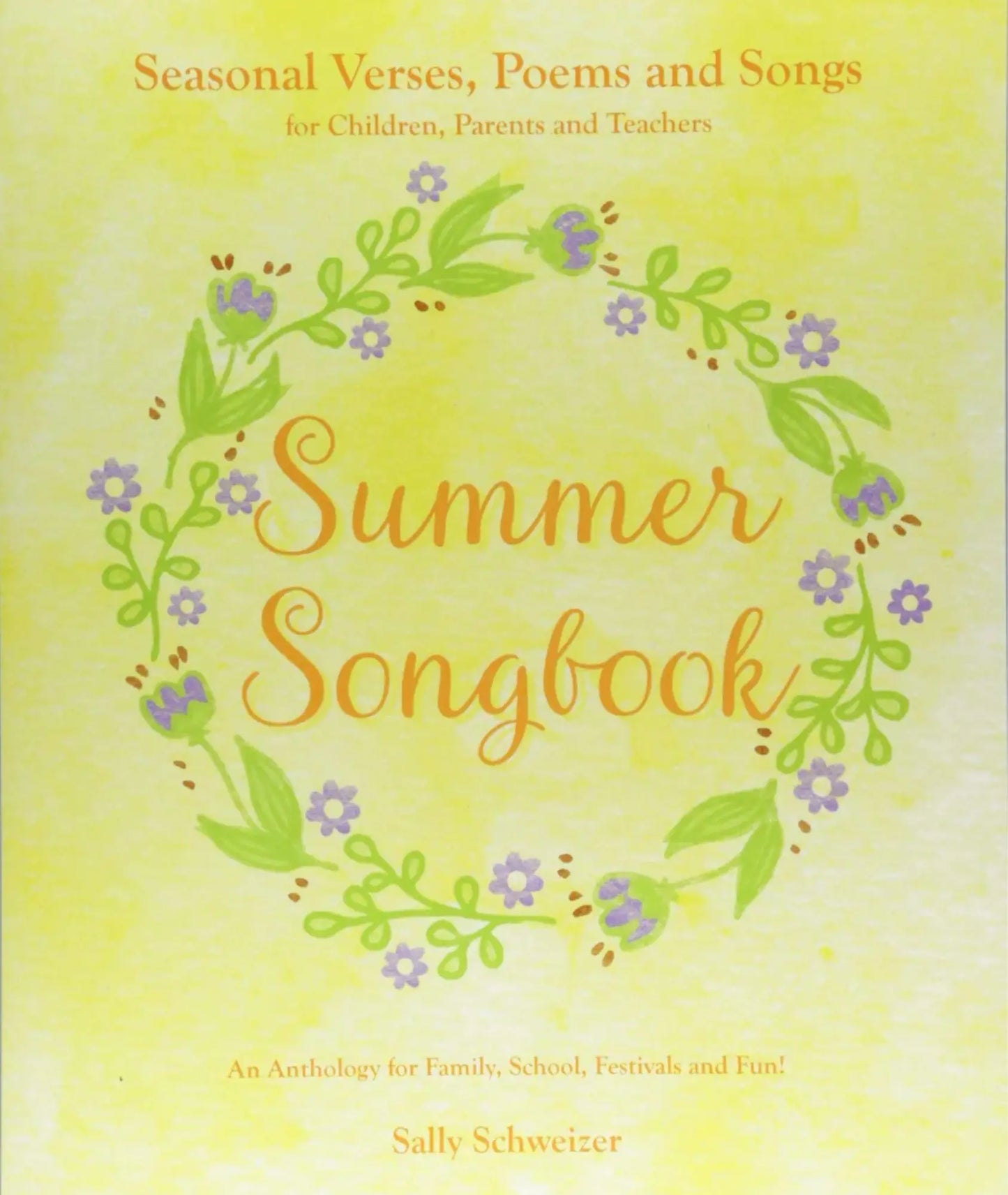 Summer songbook cover with floral design and text on a yellow background